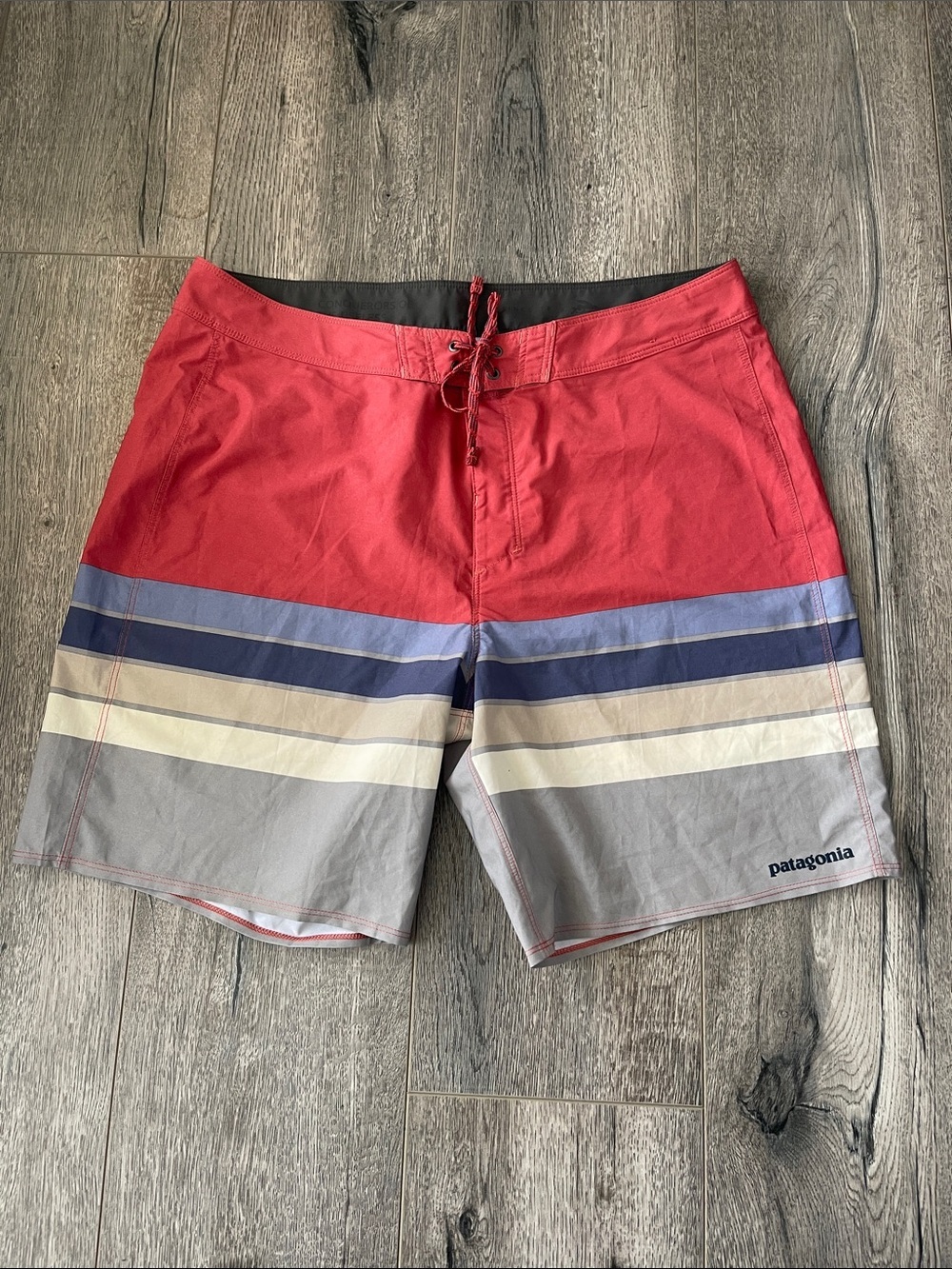 Patagonia Men’s Red and Gray Striped Board Shorts